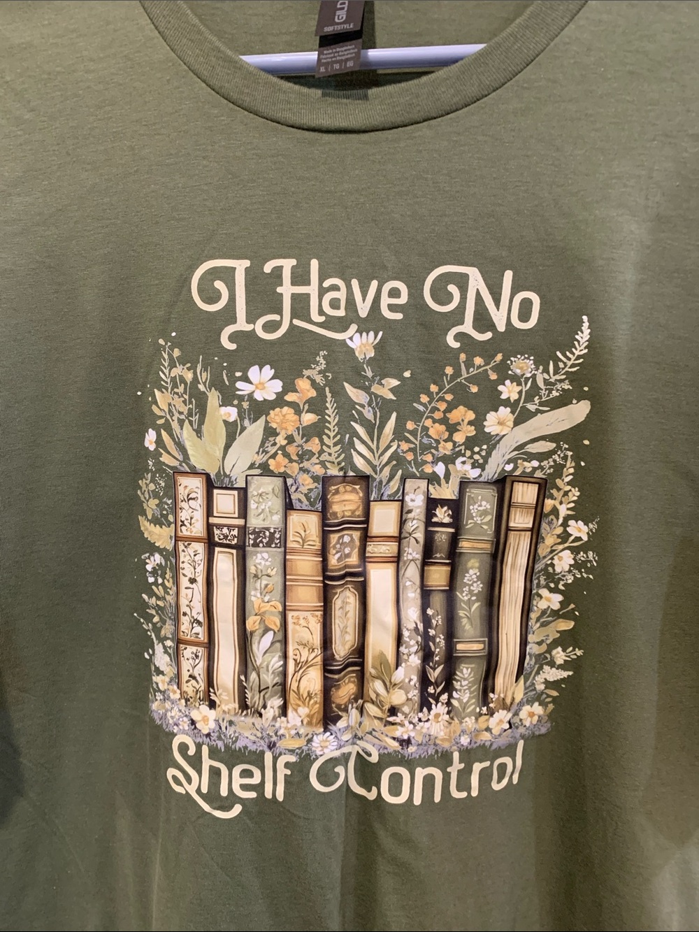Gildan Olive Green 'I Have No Shelf Control' Graphic Tee